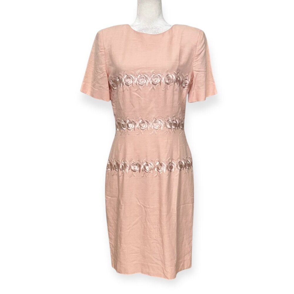 VTG Oberon Pink Embroidered Sheath Dress Women's Size 10 Linen Blend Floral